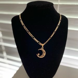 Gold Plated moon Pendant On Figaro 24” Chain.